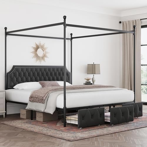 Keyluv King Upholstered Canopy Bed Frame with 3 Storage Drawers & Button Tufted Headboard, Metal Platform Bed with 4 Removable Posts, Two-Purpose Velvet Bed, Dark Grey/Curtain Not Included