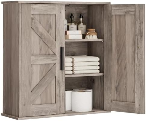 Homleke Bathroom Wall Cabinet, Medicine Cabinet with Adjustable Shelves | 3-Tier Wall Mounted Over Toilet Storage with Barn Doors, for Bathroom, Kitchen, Entryway, Laundry Room, Greige, (7.9" D)