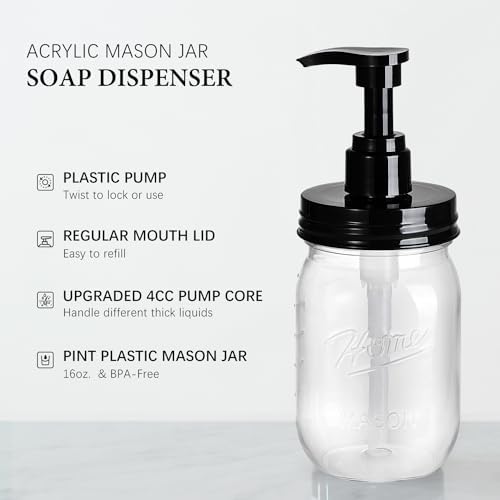 Amolliar Plastic Mason Jar Soap Dispenser with Pump Lid 16OZ, 3 Pack