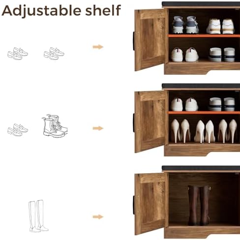 HOMSHO Farmhouse Shoe Storage Bench with 4 Barn Doors & Padded Seat Cushion