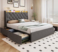 TIGUBFRE Queen Size Bed Frame with 4 Drawers and Storage Headboard, Upholstered Wingback Bed Frame with LED Lights and Charging Station, No Box Spring Needed, Easy Assembly, Noise Free, Gray