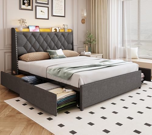 TIGUBFRE Queen Size Bed Frame with 4 Drawers and Storage Headboard, Upholstered Wingback Bed Frame with LED Lights and Charging Station, No Box Spring Needed, Easy Assembly, Noise Free, Gray