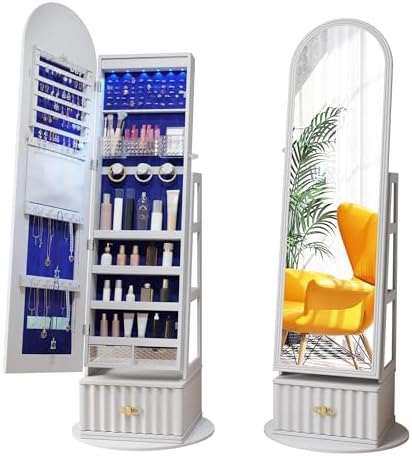 63" Full Length Mirror Jewelry Cabinet with Storage – Rotating, Lockable Jewelry Armoire with Velvet Lining, Standing Organizer for Women – Ideal Gift for Jewelry Storage & Display, White