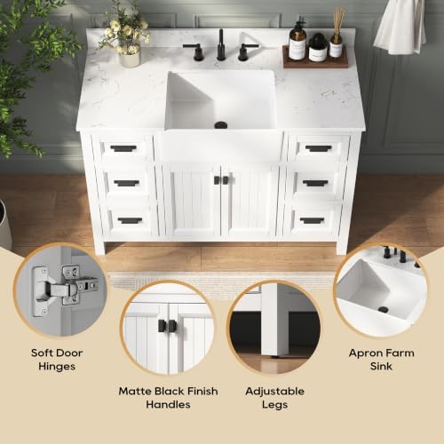48 Inch Bathroom Vanity with Sink, Fully Assembled, White | Farmhouse Solid Wood Single Sink Bathroom Vanity with Soft Close Doors & Dovetail Drawers, Apron Farm Sink, 0.78" Stone Top