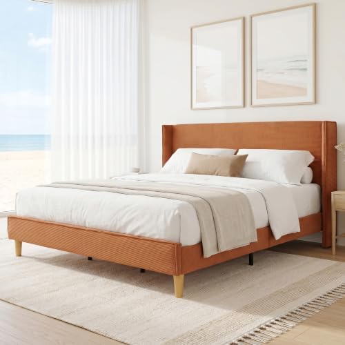 King Corduroy Upholstered Platform Bed with Headboard Wingback, Ocher