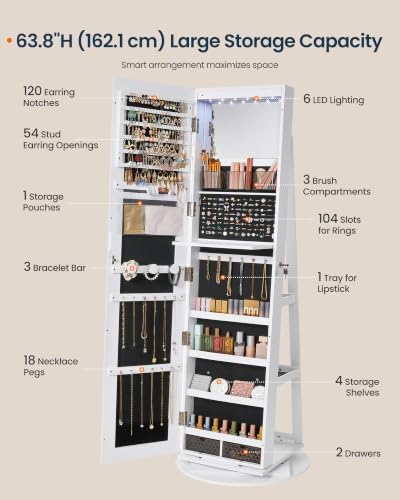SONGMICS HOME Standing Jewelry Armoire, Full Length Mirror with Storage | Lockable Jewelry Cabinet with 6 LED Lights, Floor Mirror, Built-in Vanity, White Surface, Black Lining UJJC007W01SH