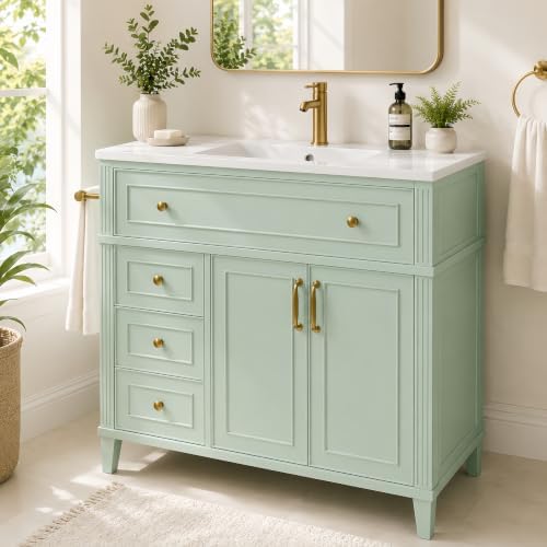 YOPTO 36" Bathroom Vanity with Sink, Freestanding Bathroom Cabinet | Ceramic Top & Backsplash, 3 Storage Drawers, 1 Tilt-Out Storage, Adjustable Shelving, Door Storage and Towel Bar, Sage Green