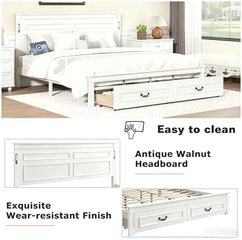 Queen Size Bed Frame with 2 Storage Drawers & Tall-Panel Headboard and Footboard, White Wood Platform Storage Bed Built-in LED Lights, USB Charging Station, No Box Spring Required, Noise-Free