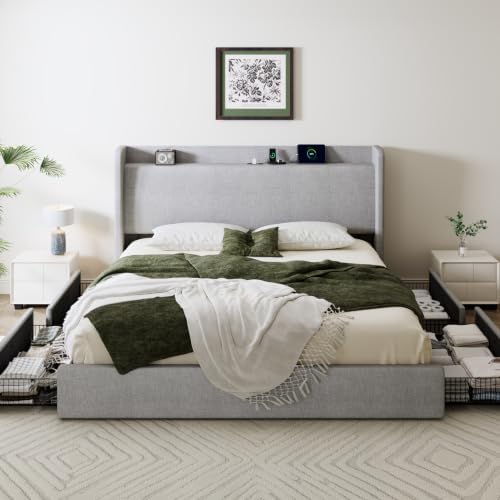 SHA CERLIN King Size Storage Bed Frame with 4 Oversized Drawers, Modern Wingback Headboard with Storage Shelf & Charging Station, No Box Spring Needed, Easy Assembly, Grey