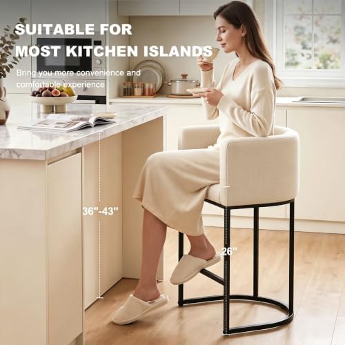 26" H Counter Height Bar Stools Set of 1, Modern Barrel Counter Stools with Backrest and Arms, Linen Fabric Upholstered Accent Barstools for Kitchen Island,Support 450 LBS (Beige)