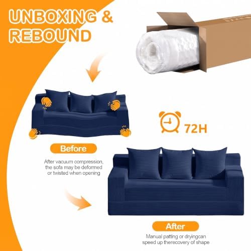 Erament 3 Seater Boneless Couch Sofa Bed, 78'' Corduroy Oversized Loveseat Folding Sofas Bed, Compression Convertible Futon Floor Couch Sofa Beds with 3 Pillows for Living Room Bedroom Apartment