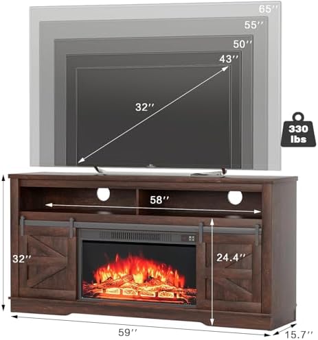 YESHOMY Farmhouse Fireplace TV Stand for TVs up to 65+ Inch, Dark Brown
