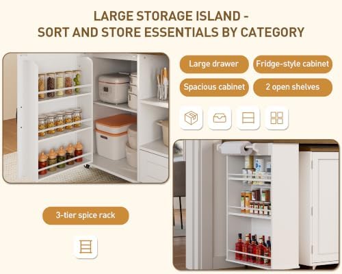 RALGEND Rolling Kitchen Island with 360° Swivel Tabletop, Large Kitchen Island Table with Power Outlet, Mobile Kitchen Island Cart with Storage Cabinets for Kitchen & Office, White and Walnut