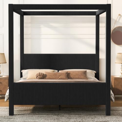 Queen Size Canopy Bed with Upholstered Headboard & Footboard, Black