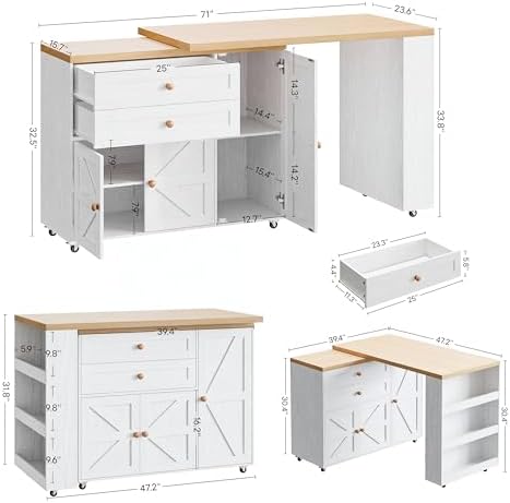 IRONCK Rolling Kitchen Island with 360° Swivel Table and Storage, White