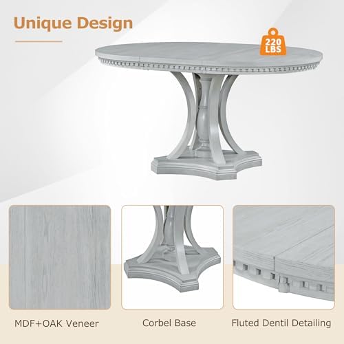 LUMISOL 5-Piece Solid Wood Dining Table Set for 4, Extendable Round Kitchen Table Set with 4 Upholstered Chairs, Farmhouse Table and Chairs Set for Kitchen, Dining Room, Antique Grey