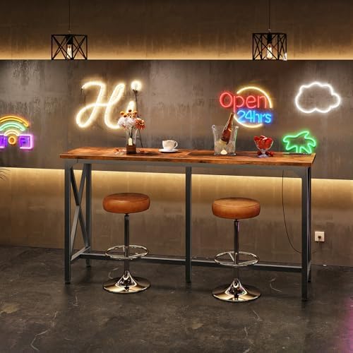 CHOEZON 55'' Bar Table, Kitchen Dining Table with Power Outlet and Footrest, Industrial Style, for Pub, Living Room, Rustic Brown and Black TBT09UBF