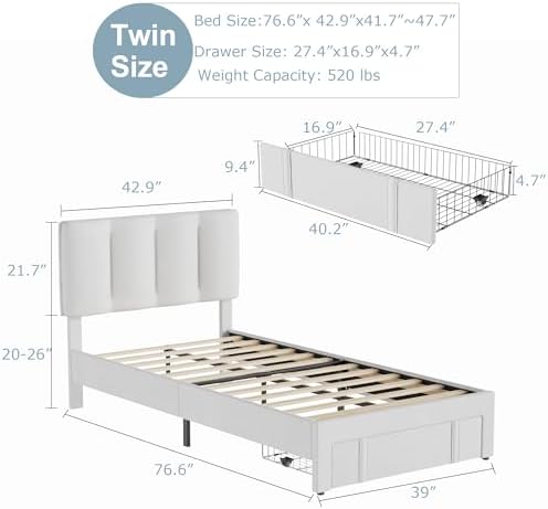 VECELO Twin Bed Frame with Storage Drawer, Heavy-Duty Platform Bedframe with Headboard & Strong Wooden Slats Support, No Boxing Spring Needed, Pure White