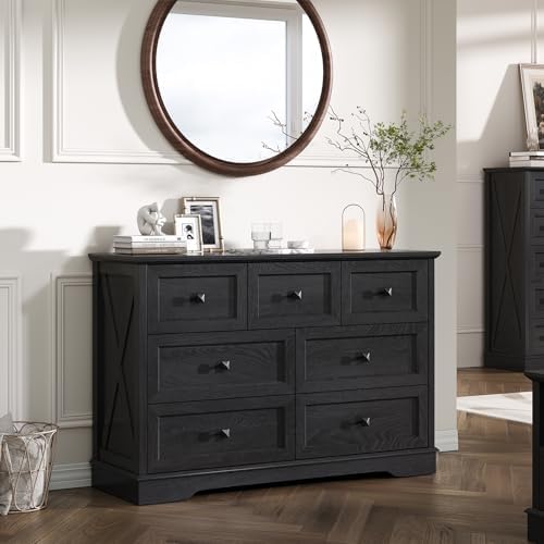 Farmhouse 7 Drawers Dresser for Bedroom Wood Dressers with Charging Station