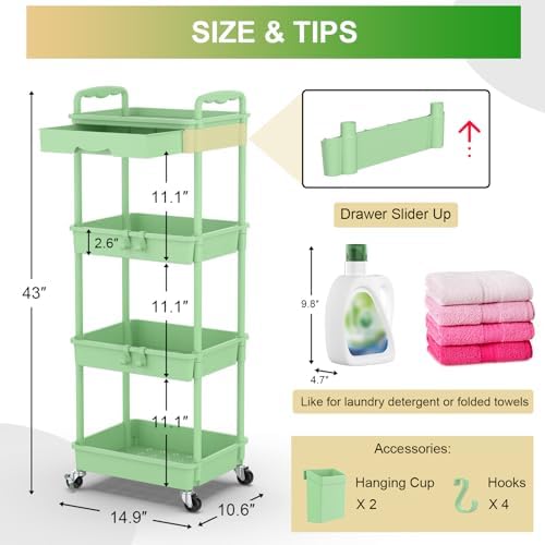Goovilla 4 Tier Rolling Utility Cart Organizer with Removable Drawer, Green