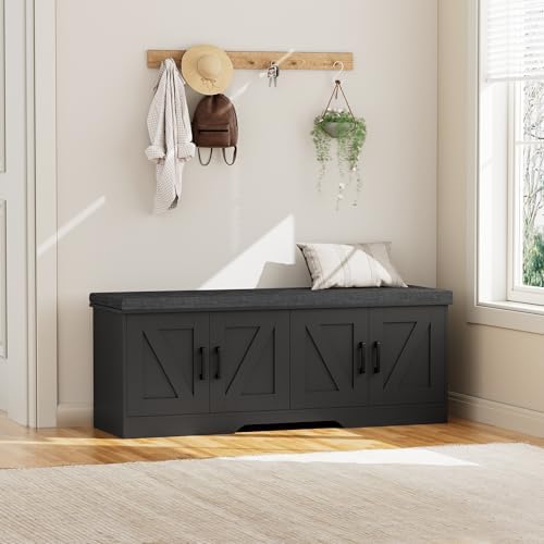 HOMSHO Farmhouse Shoe Storage Bench with 4 Barn Doors & Padded Seat Cushion