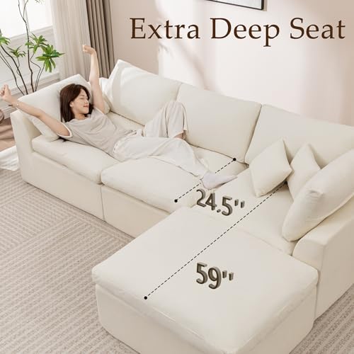 Korser 110" Cloud Sectional Couches for Living Room, Modern Modular Sectional Sofa with Ottoman, Boneless Cloud Couch with Comfy Deep Seats, Fluffy Chenille L-Shape Sofa Couch for Living Room, Beige
