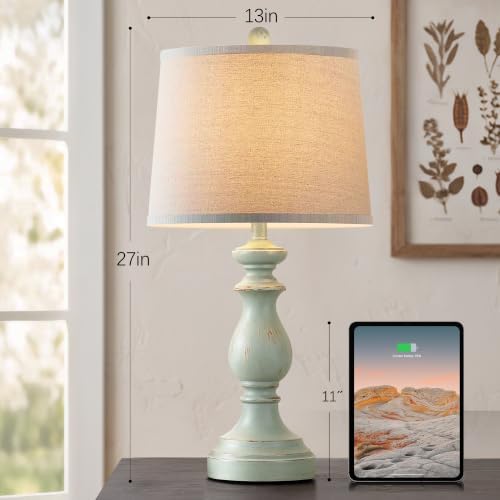 PARTPHONER Traditional Table Lamp Set of 2, Rustic Farmhouse Table Lamps for Living Room Bedroom, 27" Bedside Desk Lamps Vintage Nightstand Lamps with Linen Shades, Light Green