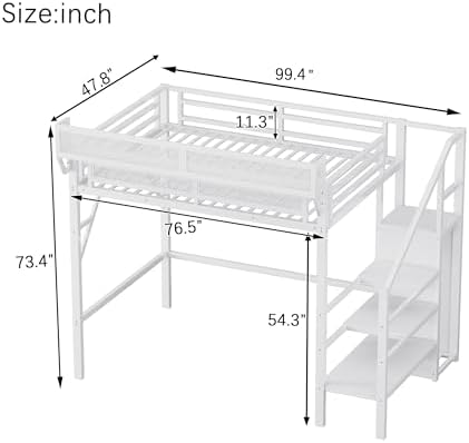 KEIKI Twin XL Size Metal Loft Bed Frame with Convertible Staircase, Built-in Storage Shelves & Wardrobe, Loft Bed with Solid Slat & Guardrail, No Box Spring Required, Easy Assembly, for Bedroom, White