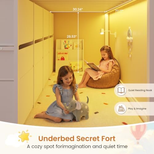DICTAC Low Loft Bed Twin Size with 8 Drawers, 4 Bookcase & LED Lights,White