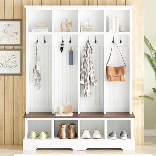 Merax Farmhouse Hall Tree with Bench and Shoe Storage, 59" Entryway Bench with Coat Rack, 8 Hooks and Top Compartments, 3-in-1 Entryway Hall Tree for Hallway, Living Room, White