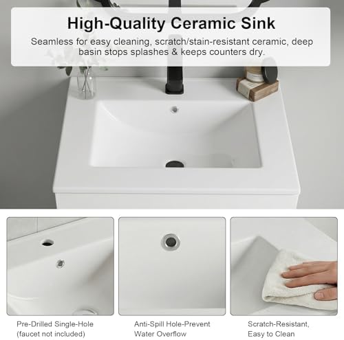 24 Inch Bathroom Vanity with Sink, Modern Wooden Freestanding Bathroom Storage Cabinet with 2 Doors, Metal Legs, Painted Surface, White