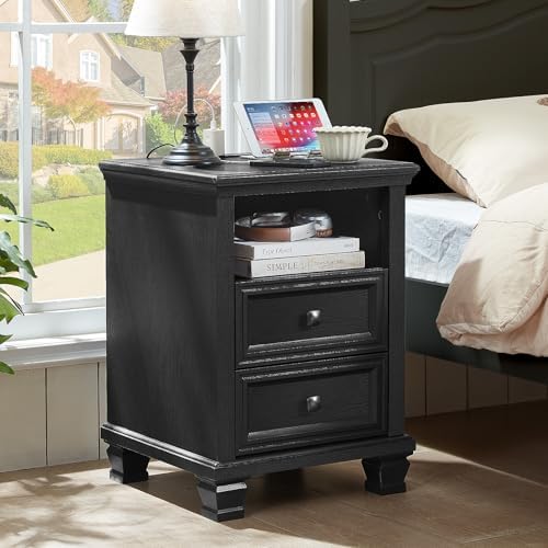 SAVOR LIFE Farmhouse Nightstand Set of 2 with Charging Station, Black