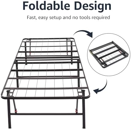Amazon Basics Foldable Metal Platform Bed Frame with Storage Space, Sturdy Steel, No Box Spring Needed, 18 Inches High, Tool-Free Setup, Noise Free, King Size, Black