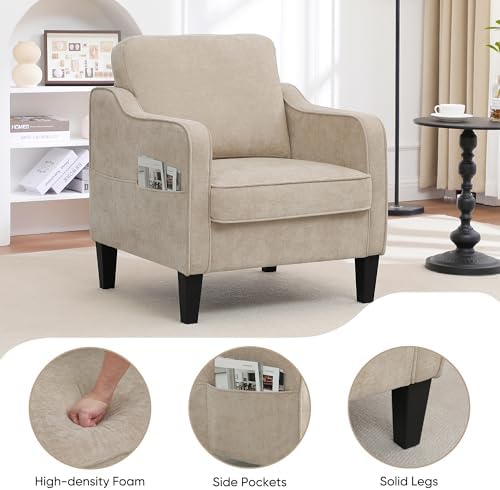Accent Chair for Living Room, Mid Century Modern Reading Chair for Bedroom, Upholstered Armchair with Side Pockets, Comfy Single Sofa Side Chair for Office, Apartment, Small Room, Light Brow
