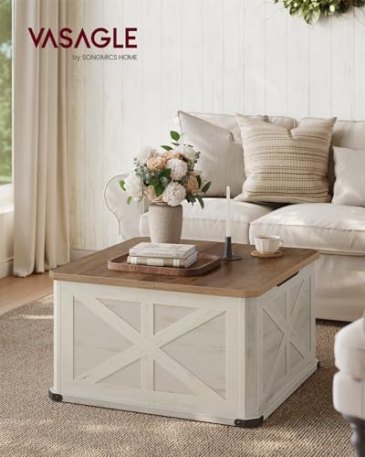VASAGLE Farmhouse Coffee Table with Storage, Flip-Top Lids