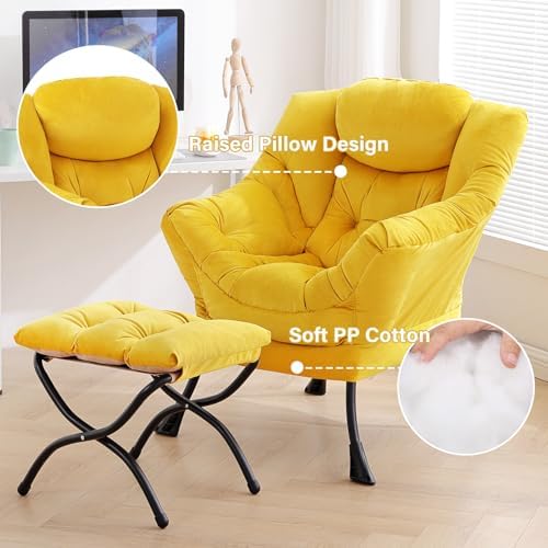 Tiita Lazy Chair with Ottoman, Comfy Reading Accent Chair, Velvet Yellow