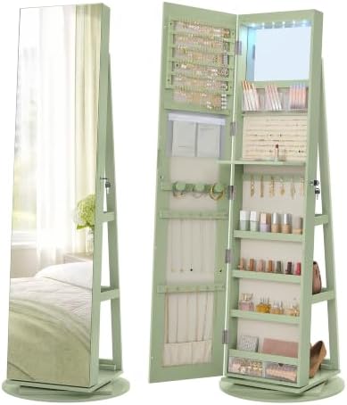 SONGMICS HOME Standing Jewelry Armoire, Full Length Mirror with Storage | Lockable Jewelry Cabinet with 6 LED Lights, Built-in Vanity, Laurel Green Surface, Cream White Lining UJJC007C01SH