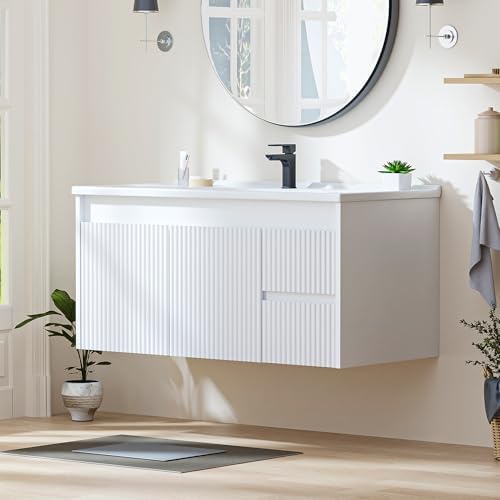 Smhxo Floating Bathroom Vanity with Sink, 40 Inch Wall Mounted Bathroom Vanity with 2 Drawers and Wave-Carved Design Door, Modern Wooden Cabinet with Ceramic Sink and Storage, White