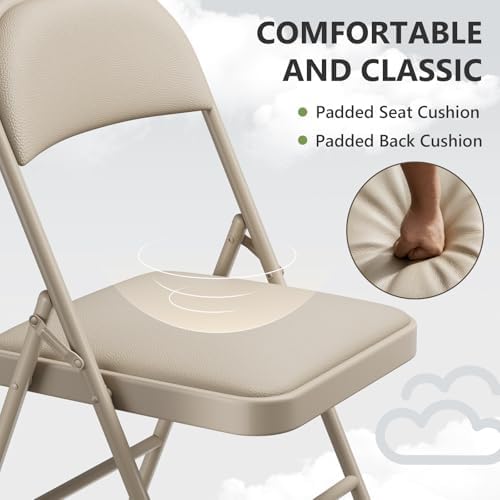 Folding Chairs 4 Pack, PU Leather Padded Folding Chairs for Outside and Indoor, Heavy Duty Portable Foldable Metal Commercial Seat for Home Office, Dorm, Party, Backyard, Lawn, Patio, Khaki