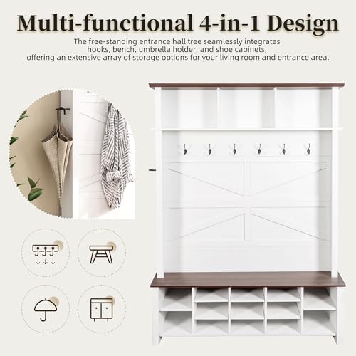 Merax Farmhouse Wood Hall Tree with 6 Hooks and Entryway Shoe Bench, 4-in-1 Coat Rack with 16 Open Compartments & Adjustable Shelves, for Entrance, Hallway, Mudroom, White