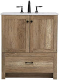 30" Pre-Assembled Bathroom Vanity with Sink, Engineered Wood, Ivory White Engineered Marble Countertop Attached, Single Rectangle Porcelain Sink, 1 Soft-Close Drawers, Natural Oak