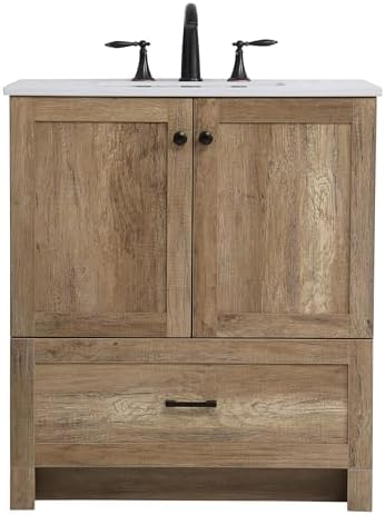 30" Pre-Assembled Bathroom Vanity with Sink, Engineered Wood, Ivory White Engineered Marble Countertop Attached, Single Rectangle Porcelain Sink, 1 Soft-Close Drawers, Natural Oak