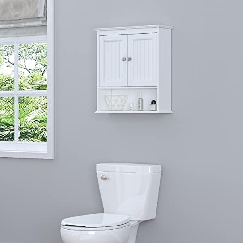 Spirich Bathroom Wall Cabinet with Beadboard Doors, White Medicine Cabinet | Adjustable Shelf, Open & Concealed Storage, Space-Saving Over-Toilet Design for Toiletries, Towels, Medicines & Decor
