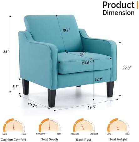 VINGLI Accent Chair, Linen Upholstered Teal Blue Armchair for Living Room