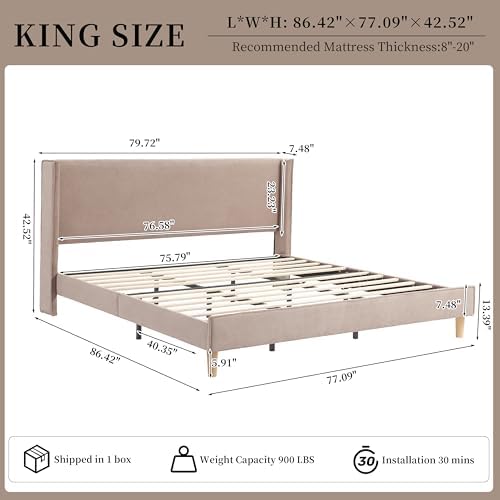 King Corduroy Upholstered Platform Bed with Headboard Wingback, Mink