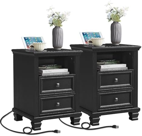 SAVOR LIFE Farmhouse Nightstand Set of 2 with Charging Station, Black