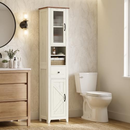 VASAGLE Tall Bathroom Cabinet, Narrow Space Saver, 13 x 12.4 x 67.3 inch | Farmhouse Freestanding Storage Cupboard with Drawer and Doors, Rustic White and Honey Brown, LIRY Collection UBBK660W101S