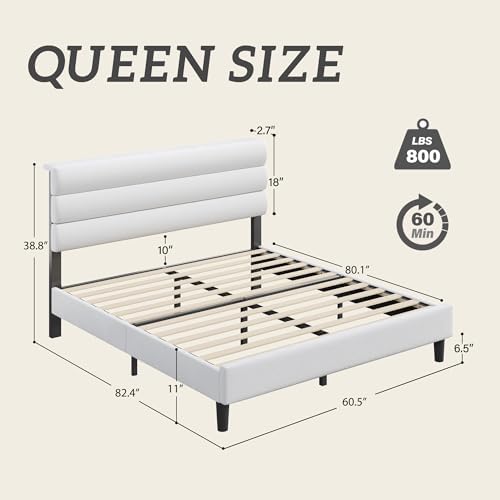 Fluest Queen Bed Frame, Platform Bed Frame with Velvet Upholstered Headboard, No Box Spring Needed, Sturdy Metal Support, Noise Free, Easy Assembly, Modern Bedroom Furniture, White