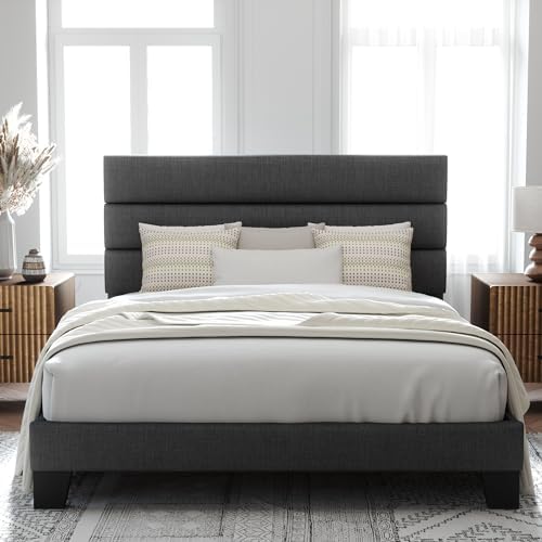 Allewie Full Size Platform Bed Frame with Fabric Upholstered Headboard Gray