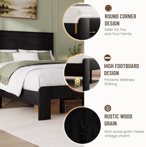 Queen Size Black Farmhouse Wood Bed Frame with Panel Headboard